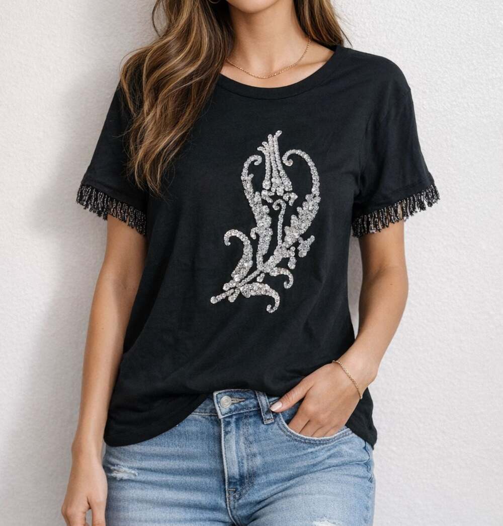 NEW Sachin & Babi Tulip Fringe Tee Shirt Jet Black Cotton Sequin xs/S
